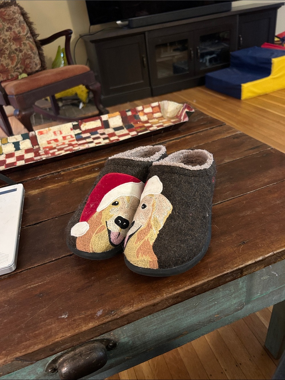 L.L. Bean Brown Wool-Blend Slip-On Slippers with Red Accent